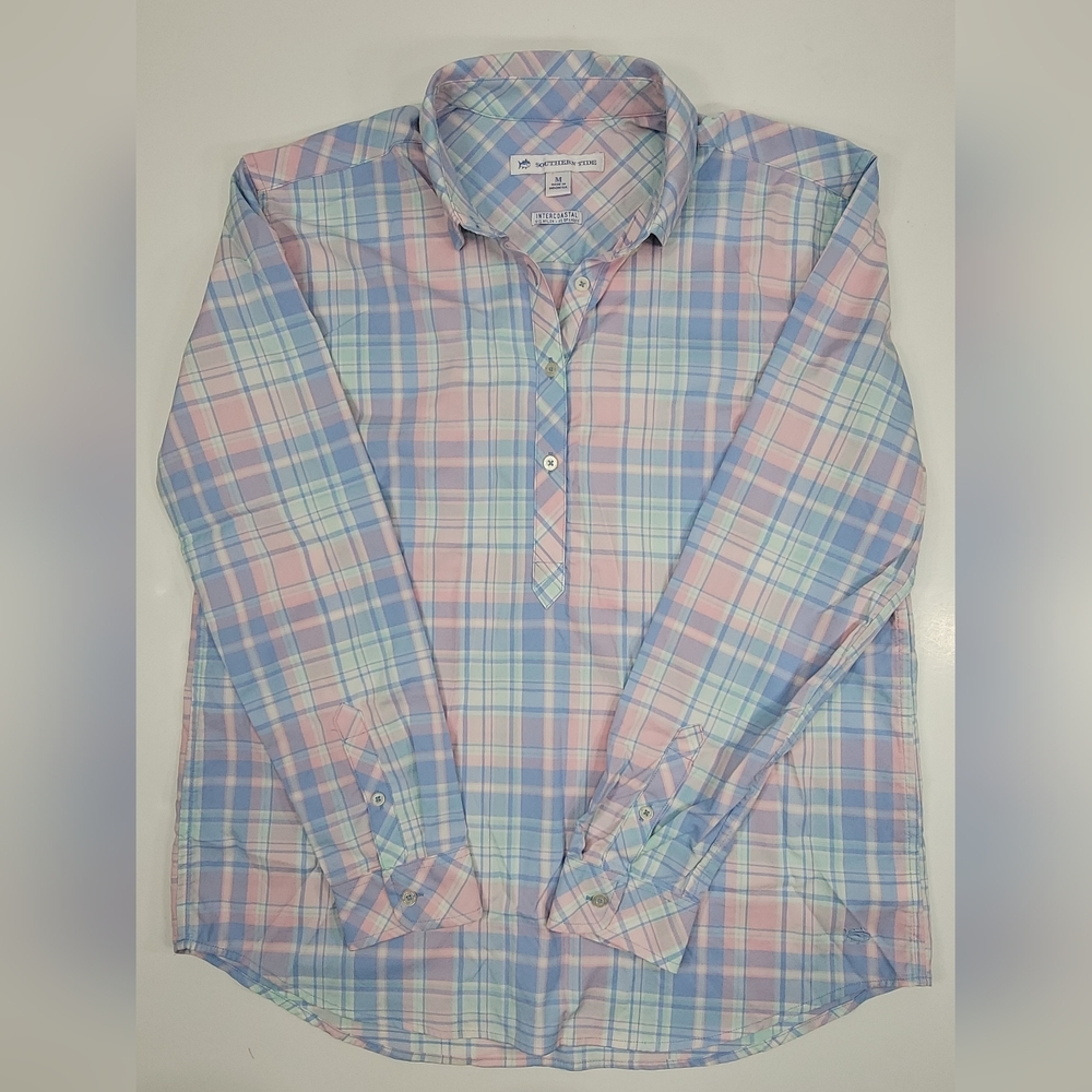 Southern Tide Womens Medium Hadley Popover Blouse Intercoastal Blue Pink Gingham